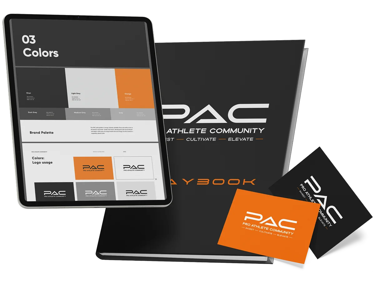 PAC brand playbook, tablet and business cards