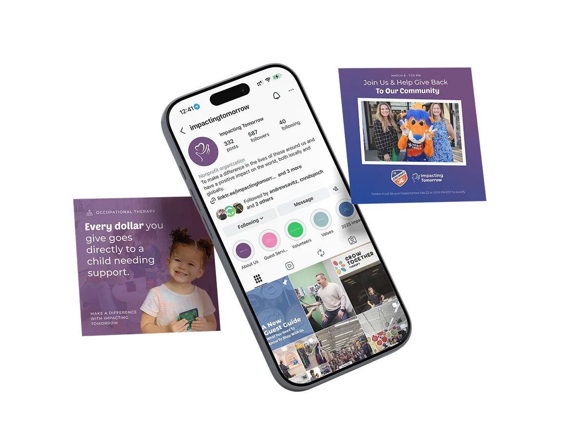 Nonprofit social media posts on a phone